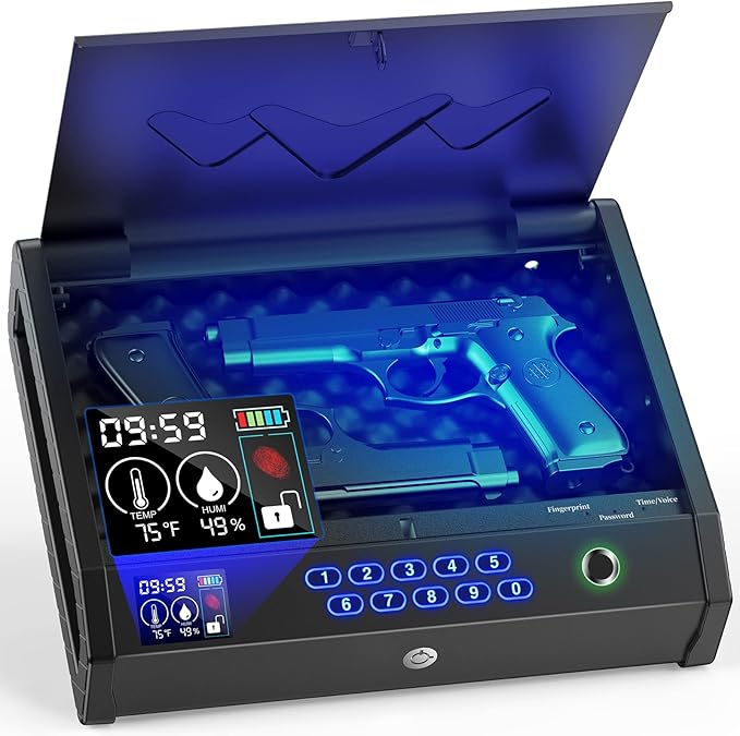 Gun Safe, Biometric Safes for Pistols with LCD Display of Time Battery, Fingerprint Quick Access Handgun Safe Pistol Bedside, Nightstand, Car, 2 Capacity by HOLEWOR