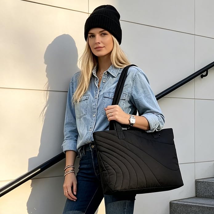 Quilted PufferTote Bag for Women with Wallet,0.741bs Lightweight Large Capacity Handbag for Travel,Work,Gym,Daily - Image 2