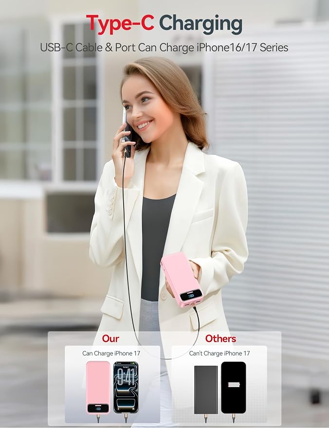 aonidi Portable Charger 20000mAh with Built-in Cables&AC Wall Plug, Pink | PD20W Fast Charging,Travel Essential,TSA Approved,LED Display,All in One USB C Power Bank for All Cell Phones Devices - Image 5
