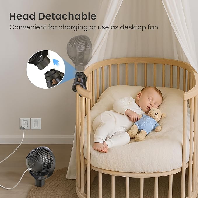 Coohea Portable Stroller Fan, 25H Long-lasting, 4 Speed, Night Light, Black | 4000mAh Rechargeable Battery Powered Fan, Head Detachable 360° Rotate Mini Fan, Easy to Wrap for Car Seat Crib Bike Treadmill - Image 4