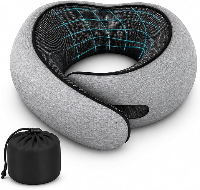 100% Memory Foam Travel Neck Pillow with Breathable Mesh – 4-in-1 Airplane Kit with 3D Eye Mask, Earplugs & Bag, Adjustable Closure – G-Shape Airline Pillow for Sleeping on Long Flights, Car, Train by Point2Points