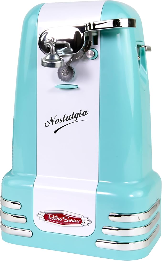 Nostalgia Retro Electric Can Opener for Kitchen with Magnetic Lid Remover, Knife Sharpener, and Soda or Beer Bottle Opener, Aqua by Nostalgia