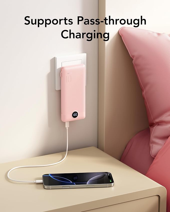 VRURC 22.5W Portable Charger 10000mAh Fast Charging with Built-in AC Plug | powe bank battery pack, travel essentials for women,USB C cable, Ultra Slim,pocket size Pink - Image 5