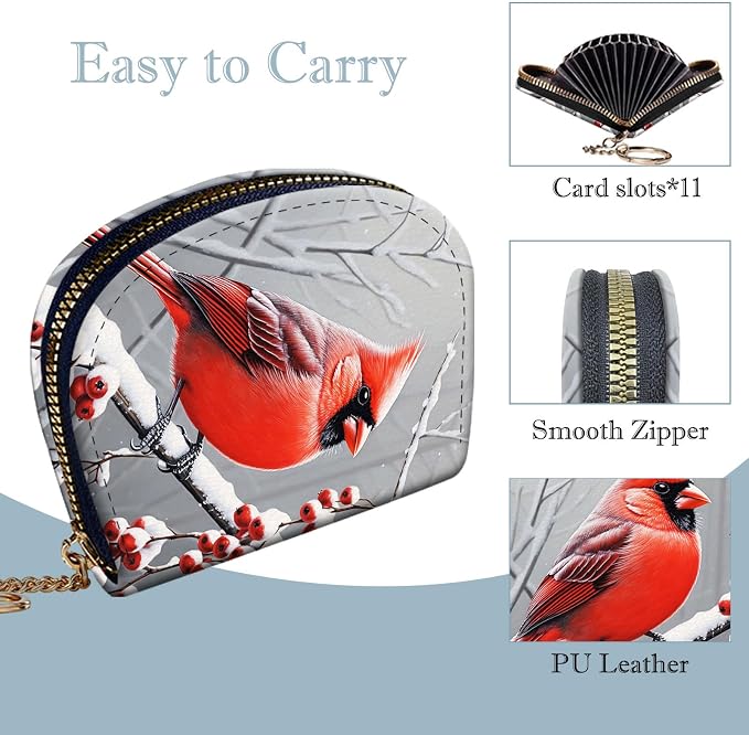 Women's Slim RFID Wallet – Compact Leather Card Holder Wallet for Women, 9 Card Slots RFID Blocking Credit Card Organizer, Small Travel Wallet - Cardinal in Snow - Image 4