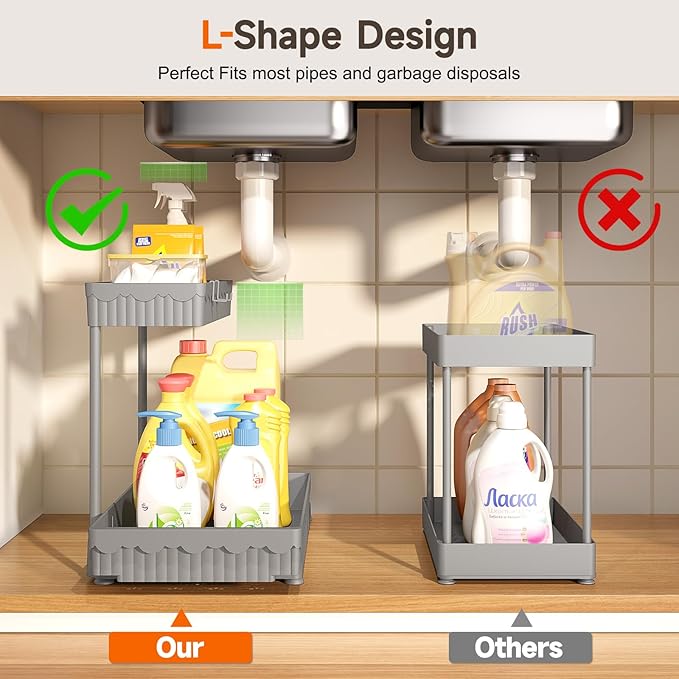 3-Pack 2-Tier L-Shaped Under Sink Organizers with Sliding Drawers | Multi-use kitchen & bathroom storage, 14.85 inch grey cabinet organizer, space-saving sliding drawer design. - Image 2