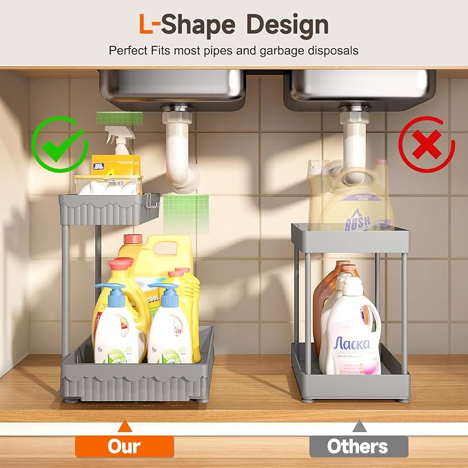 3-Pack 2-Tier L-Shaped Under Sink Organizers with Sliding Drawers | Multi-use kitchen & bathroom storage, 12.85 inch grey cabinet organizer, space-saving sliding drawer design. - Image 2