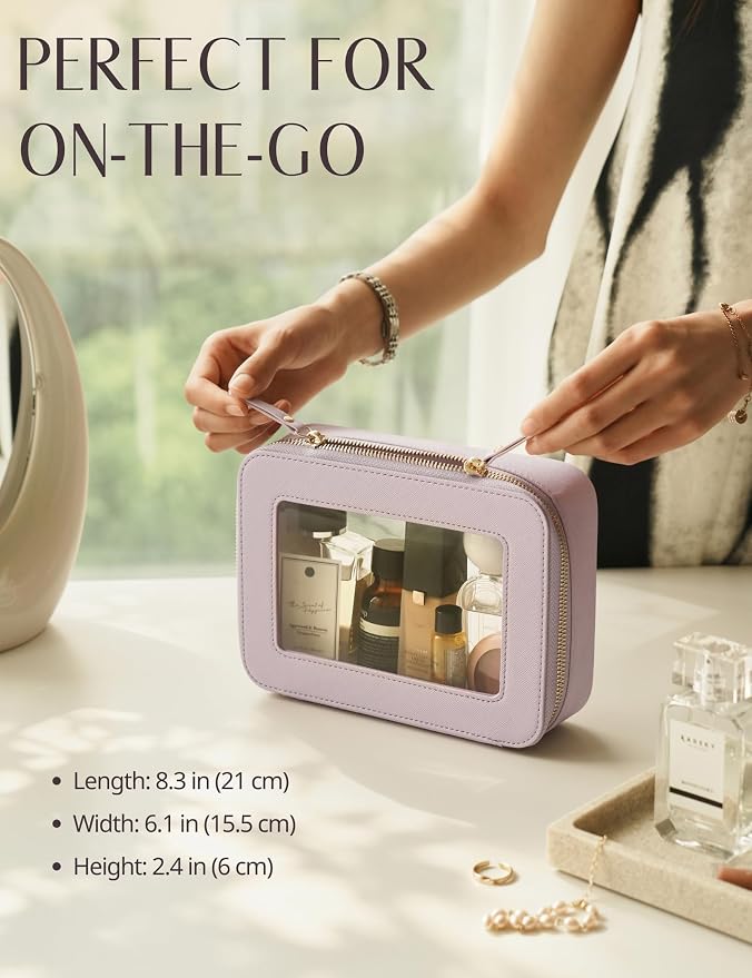 Clear Makeup Bag with Zipper Women Travel Toilrty Bag Purple Medium | Structured Clear Cosmetic Case, Car Essential Organizer Bag, Waterproof PU Leather, Dual Zipper, Wide Opening and Compact - Image 2