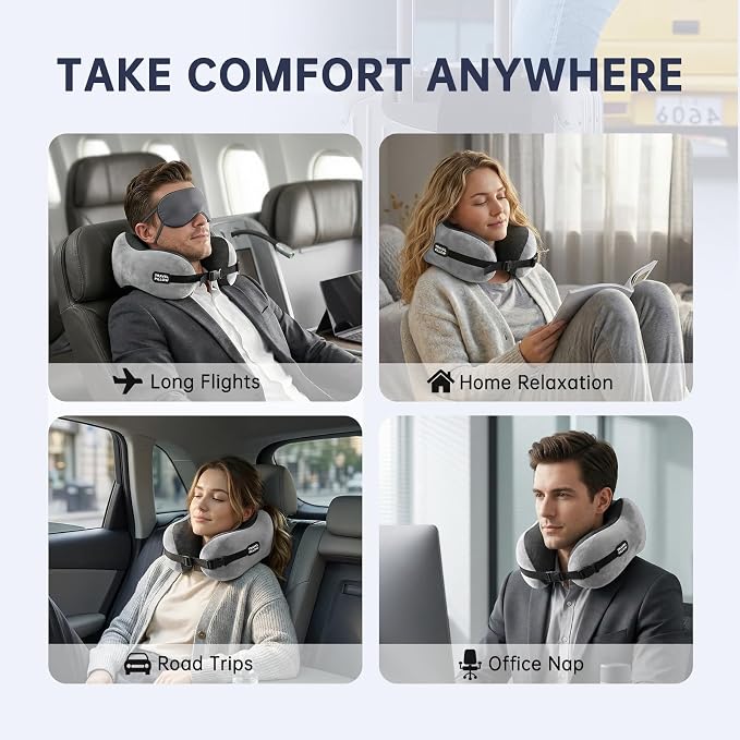 Neck Pillow Travel Pillow - 100% Pure Memory Foam Airplane Pillow with Adjustable Clasp & Removable Cover, Portable Travel Essentials for Long Flights, Car & Office (Light Gray) - Image 4