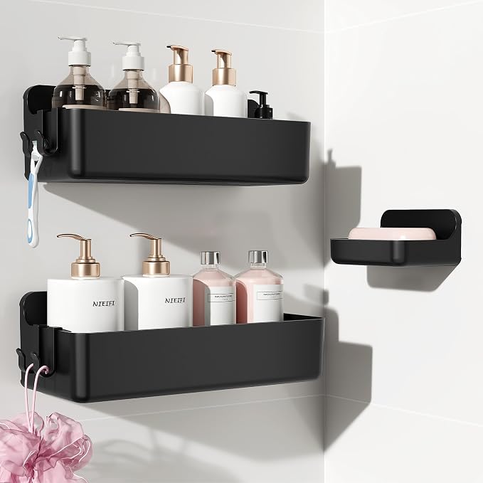 Nieifi Adhesive Shower Shelves, Black, 3 Pieces | Rustproof ABS, Large Capacity, Removable Design, Easy-Clean, No Drilling Shower Organizer for Bathroom Storage & Home Decor by Nieifi
