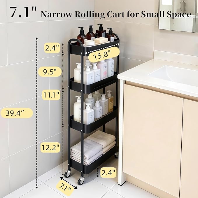 4 Tier Slim Storage Cart with Wheels for Laundry Room Between Washer and Dryer, 7.1'' Narrow Rolling Cart with Wheels and Lockable Casters, Metal Thin Standing Shelf for Small Space, Black - Image 7