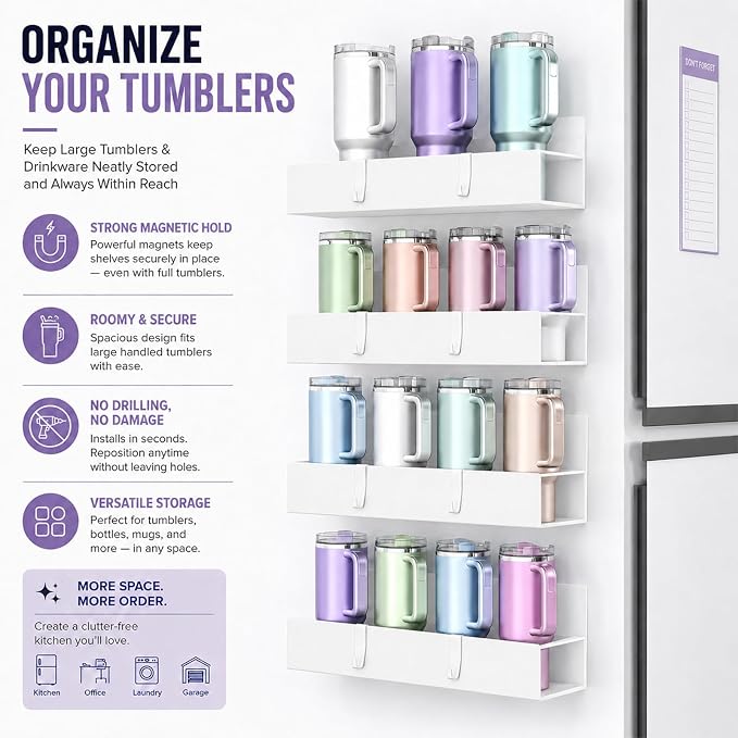 4 Pack Magnetic Cup Holder Heavy Duty, 12 Cup Capacity Water Bottle Organizer fit for Stanley Cup, Tumbler Storage Rack for Kitchen, Side of Fridge, Garage, Laundry Room, Cabinet, Pantry, RV - White - Image 9