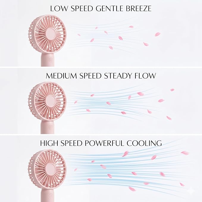 Portable Handheld Fan 2 Pack, USB Rechargeable Mini Fan, Ultra Quiet, 3 Speeds with Phone Holder Base, All Day Battery for Outdoor Indoor (Pink) - Image 3