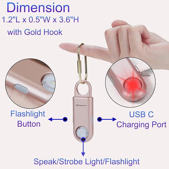 135dB Rechargeable Personal Safety Alarm Strobe Light Flashlight Keychain Siren for Women, College School Students Emergency SOS Alerts Loud Sound Torchlight Hiking Alarm Bear Deterrent. Rose Gold - Image 9