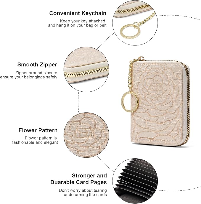 RNIEGA Credit Card Holder RFID Blocking Small Wallet for Women Vegan Leather Card Case Wallets with Zipper Keychain - Image 4