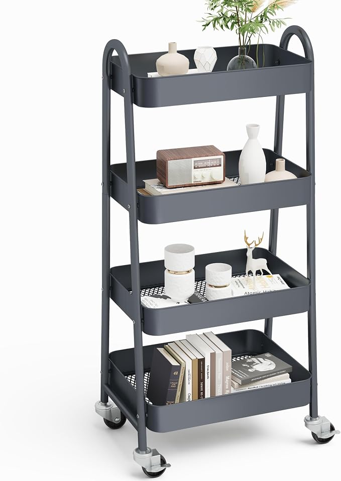 OLIXIS Metal 4 Tiers Rolling Storage Utility Cart with Lockable Wheels | Mobile Organizer Shelf, Space-Saving, Freestanding, Bathroom, Living Room, Slim, Narrow Corner Spaces, Gray by OLIXIS