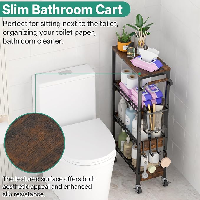 DTUQYX Slim Bathroom Storage Cart, 4 Tier Small Rolling Organizer Cabinet with Wood Top Handle, Mobile Shelving Unit Slide Out for Office, Kitchen, Laundry Room & Narrow Places (9.1" W Wood Basket) - Image 7