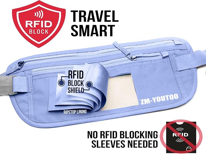 Money Belt for Travel - Hidden Travel Pouch Protect Your Credit and Money With RFID Blocking Passport Holder Waist Wallet (Azure) - Image 5