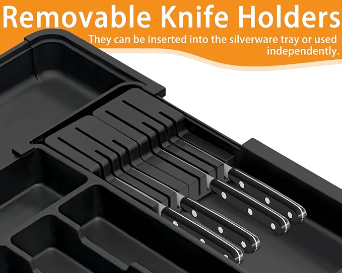 Homecor Silverware Organizer - Expandable Large Kitchen Drawer Organizer Utensil Organizer with 2 Removable Knife Blocks, 22"x 19"Cutlery Tray Drawer Dividers for Kitchen Flatware(6-9 Slots) (Black) - Image 4
