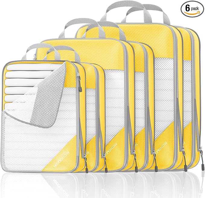 Compression Packing Cubes 6 Set, Compressible Space-Saving Packing Cubes for Travel - Compression Bags, Luggage Organizer, Travel Essentials for Women, Golden Yellow by NICOSHOW