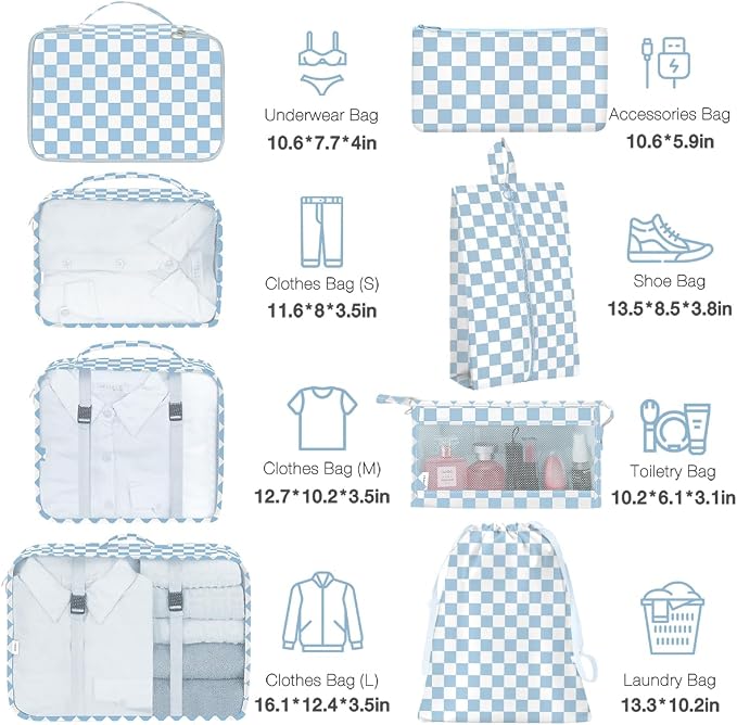 8 Set Packing Cubes for Suitcases, Packing Cube with Shoe, Cosmetics, Clothing, Accessories Bags Packing Cubes for Travel Luggage Organizer Women Men(Blue Checkered) - Image 2