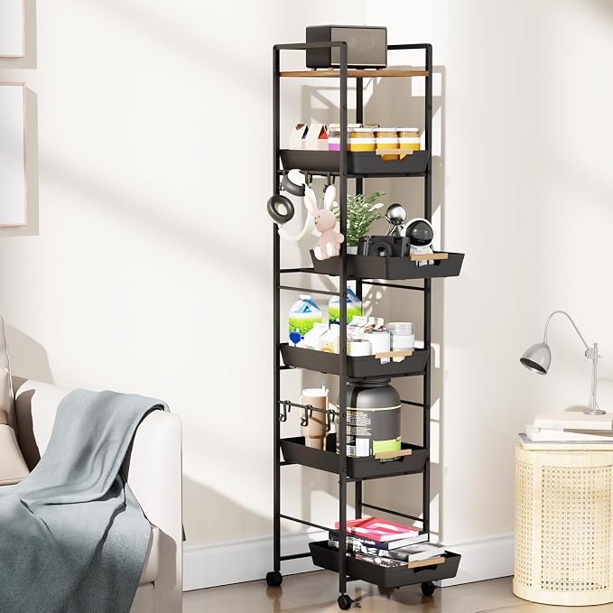 6-Tier Slim Rolling Storage Cart with Wheels, Metal Organizer Tall Rolling Cart, Wood Top Narrow Mobile Utility Cart with Pull-Out Baskets for Kitchen, Bathroom, Laundry Room, 13in(W) Black - Image 7