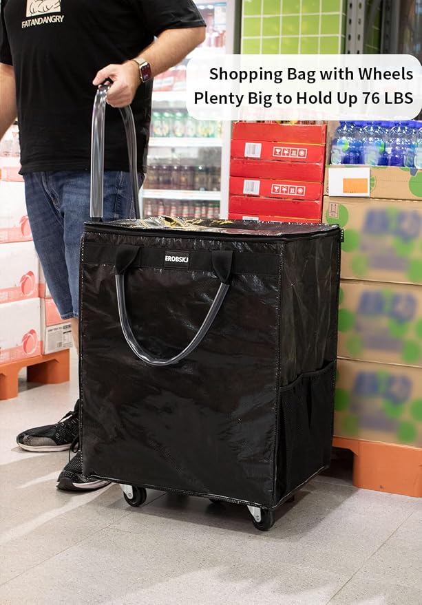 (Large,Black) Reusable Grocery Bag on Wheels, Foldable Rolling Tote, Carries Up to 76 lbs Shopping Trolley, Zipper Clouser Shopping Carts for Trips, Laundry, 5 Heavy Duty Wheels and 3 Handles - Image 7
