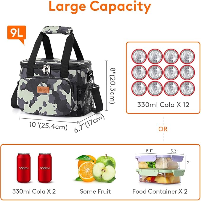 Lifewit Medium Lunch Bag, Insulated Lunch Box, Soft Cooler Cooling Tote for Adult Men Women, Camouflage 12-Can (9L) - Image 4