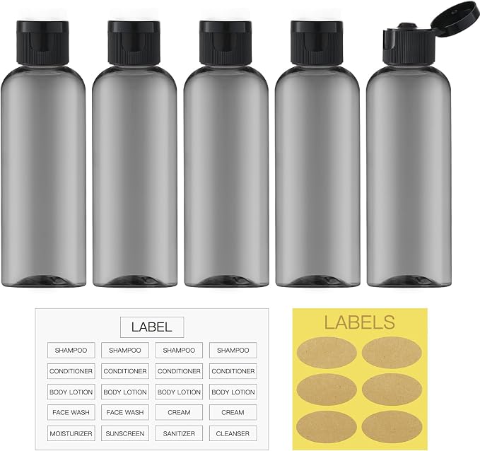LISAPACK 3.4 oz Travel Bottles for Toiletries, Plastic Shampoo Containers | 5pcs small size dispenser, squeeze tubes, leak proof, small empty for liquid, lotion, conditioner, soap, 100 ml, TSA, black - Image 6