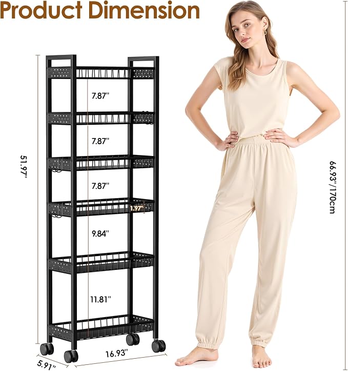6 Tier Slim Storage Cart, Narrow Rolling Cart with Wheels, 6in(W) | Narrow Mobile Utility Shelf Unit Organizer for Kitchen, Bathroom, Laundry Room, Living Room, Small Places, Black - Image 2