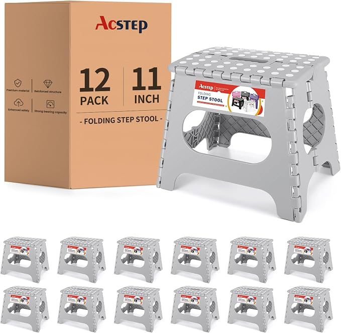 12 Pack 11 Inch Folding Step Stool, Sturdy Plastic Foldable Step Stool for Kids & Adults, Non Slip Lightweight Collapsible Foot Stools Holds 300 lbs, Ideal for Kitchen, Bathroom, Outdoor, Gray by ACSTEP
