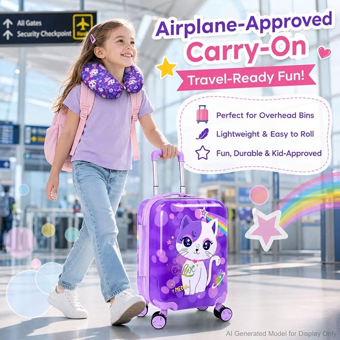 Lightweight Hardshell Spinner Suitcase Set for Kids 2PCS with Wheels - Airplane Approved Carry-On Luggage for Girls& Children Ages 3-10, Purple Cat Rolling Suitcases for Elementary Toddler Travel - Image 6