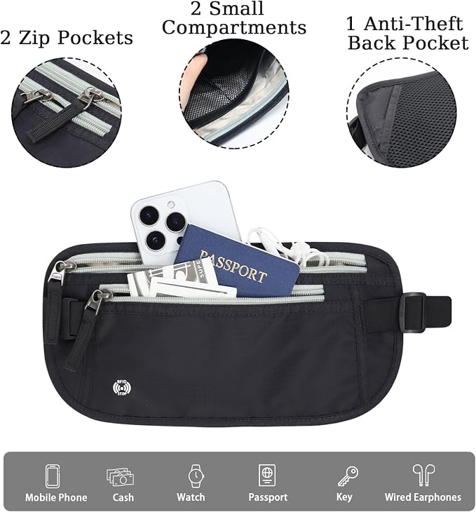FuninCrea Waterproof Hidden Money Belt for Travel, Anti-Theft Belt Bag with RFID Blocking Function Adjustable Slim Waist Bag with 2 Zipper Pockets & 1 Back Pocket for Travel Running (B, Black & Grey) - Image 3