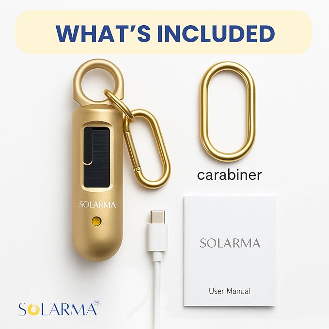 Personal Safety Alarm for Women - Loud Self Defense Siren, Waterproof Keychain with Strobe Light - Solar Rechargeable, Gold - Image 4