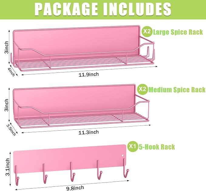 Magnetic Spice Rack for Refrigerator, 5 Pack Metal Strong Magnet Spice Organizer Shelves with Hook Rack, Space Saving Magnetic Fridge Shelf for Home Kitchen Organization and Storage (Pink) - Image 2