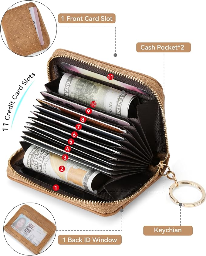 BOSTANTEN Credit Card Holder Small RFID Wallet Women with Keychain Wristlet | Compact, Accordion Design, Easy Organization, Fits Small Purses, Quilted Vegan Leather, Perfect Gifts, Camel - Image 2