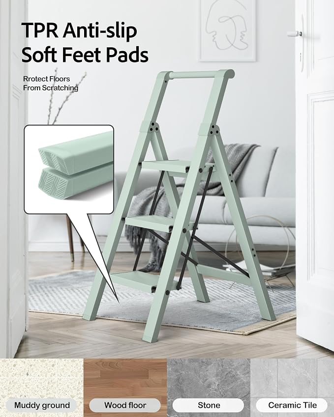 Taranta 3 Step Ladder,Aluminum Step Stool Foldable-Fairyland Green | Lightweight Folding Ladder with Handgrip,Wide Top Pedal,330lbs Capacity Stepladder for Home,Office,Kitchen - Image 5