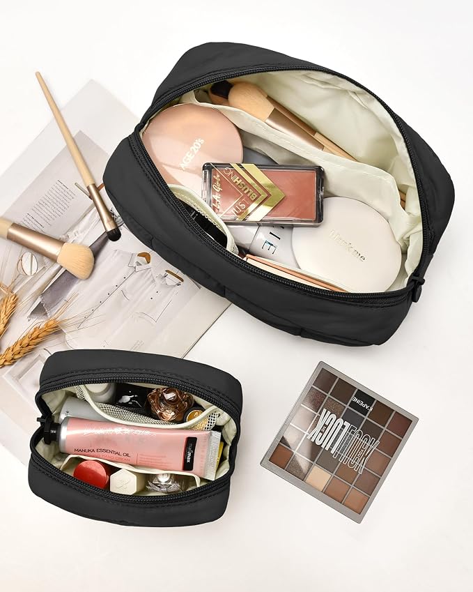 2 Pcs Makeup Bag Travel Toiletry Bag for Women Puffy Padded Cosmetic Pouch Purse Wide-open Makeup Organizer Case Travel Essentials - Image 2