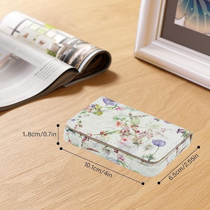 Business Card Holder，PU Leather Business Card Case Color Printing Pattern Card Holder Wallet，Pockets Magnetic Credit Card Holders for Men and Women - White Flowers - Image 4