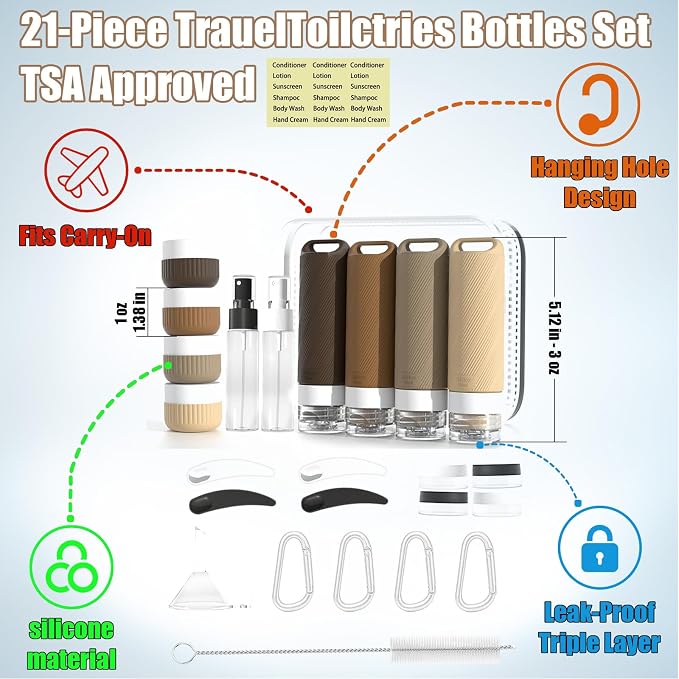 Travel Toiletry Containers 26Pcs Silicone Leakproof TSA Approved Set | Travel Bottles with Hanging Holes & Carabiners, Space Saving Portable, Easy Clean for Trips and Weekend Getaways - Image 2