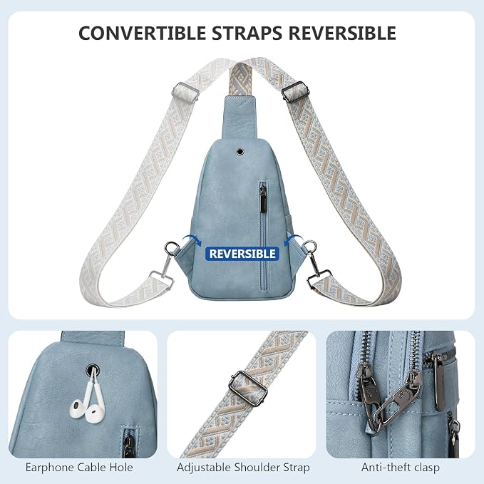 Anti-theft Sling Bags Women Small PU Leather Chest Fanny Pack | RFID Blocking,Safety Zipper,5 Card Slots,Adjustable Strap,Large Capacity,Multi Pockets,Faux Leather,Daypack,Bum Bags,Travel - Image 6