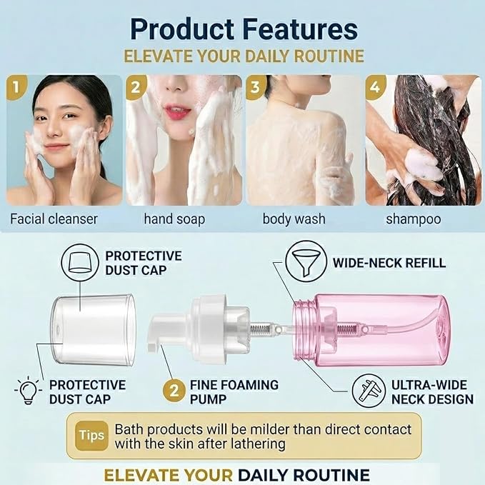 3-Pack Travel-Sized Foaming Pump Bottles - Empty Foaming Liquid Soap Dispensers - for Refillable Travel Hand Soap Shampoo Foaming Castile Cosmetics - BPA Free (100ml/3.3oz) (Pink) - Image 2