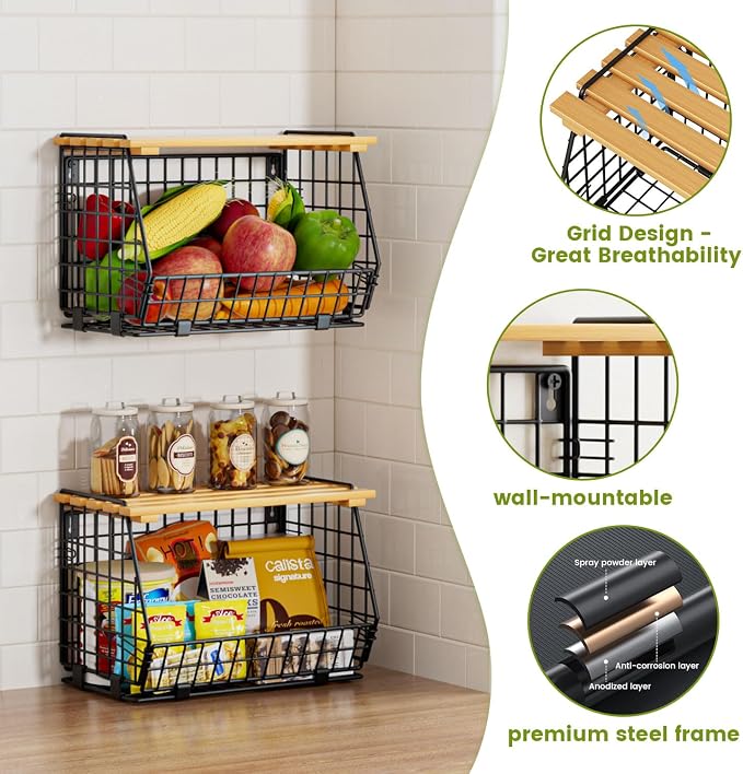 Hanging Fruit Basket for Kitchen, 3 Pack Vegetable Produce Basket | Wood Lid, Wall Mounted & Countertop Wire Storage Basket for Potato Onion Fruits Vegetables, Pantry Organizers Storage - Image 4