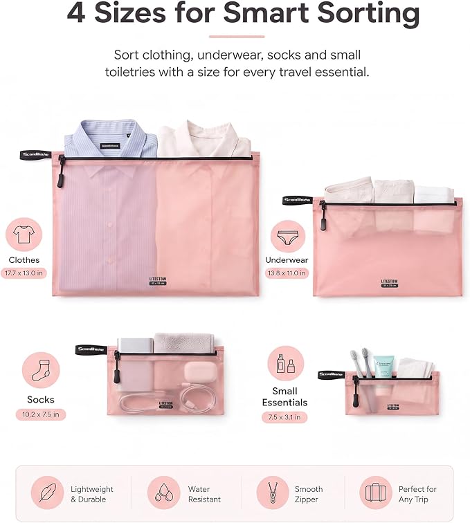 Ultralight Travel Organizer Bags, 4 Set Lightweight Zipper Pouches for Packing, Soft Packing Cubes for Carry-On Suitcase, Clothes, Underwear, Toiletries and Small Essentials, Blush Pink - Image 2