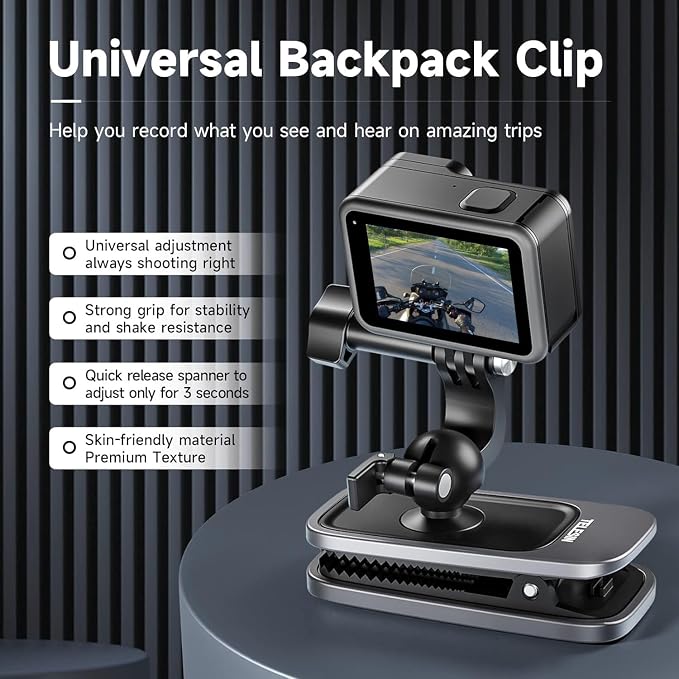 TELESIN 360° Swivel Ball-Head Backpack Clip Mount for Action Cameras | Dual-pivot 360° ball head and serrated spring clip for stable POV shooting; fits GoPro, DJI, Insta360 and AKASO. - Image 2