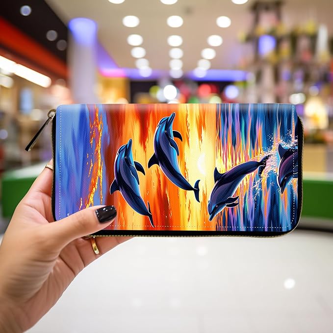 Wallet,Leather Long Wallet Suitable For Ladies And Teenagers - Detachable Wristband + RFID Travel Wallet With Card Slot - Dolphin Jumping Ocean Sunset Beach - Image 4