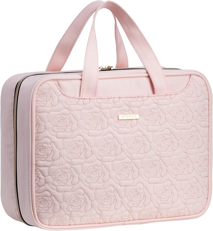 Everfun Travel Toiletry Bag with Hanging Hook and Leakproof Wet/Dry Compartments, Large Capacity Makeup Cosmetic Organizer for Women, 12x9x4.5 Inch, Pink by EVERFUN