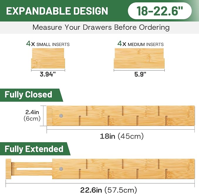 kiplant Kitchen Drawer Dividers - Adjustable Drawer Organizer for Clothes, Kitchen, Closet & Office - 4 Pack with Inserts, 18-22.6 Inches, Non-Slip Silicone Ends - Image 4