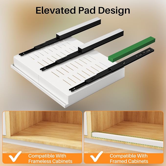 Pull out Cabinet Organizer, 4-Pack Expandable(13.6"-24") Silde out Drawers with Raising Pad for Framed Cabinets, Adjustable Full-Extension Adhesive Roll out Shelves for Kitchen Pantry Home Pot and Pan - Image 8
