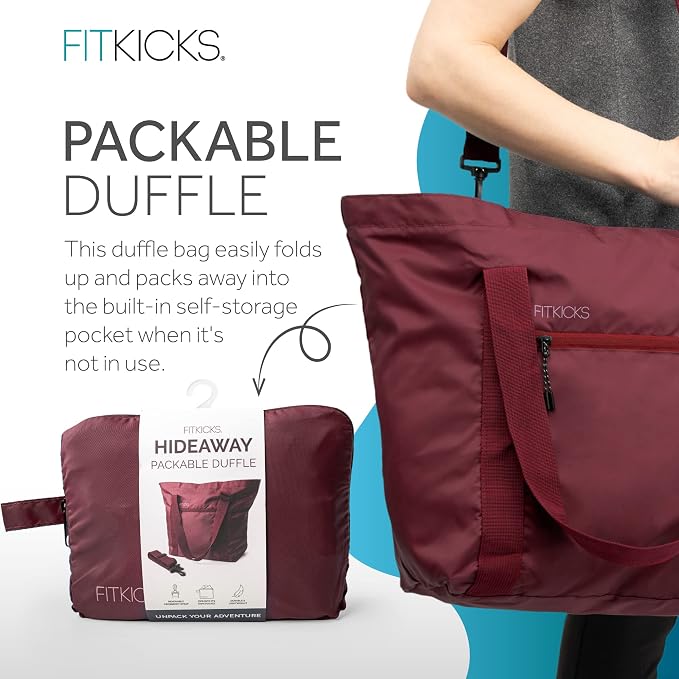 FITKICKS Hideaway Packable Duffle, Large Duffle Bag for Travel, Burgundy - Image 4