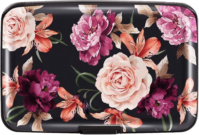 Mini Credit Card Holder for Women,RFID Blocking Slim Hard Card Case ID Case Travel Wallet Black Rose Flowers by Coco+Rossi
